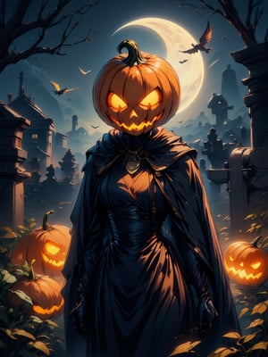 solo, pumpkin head,(black cape,pumpkin dress),night, crescent moon, cemetery,