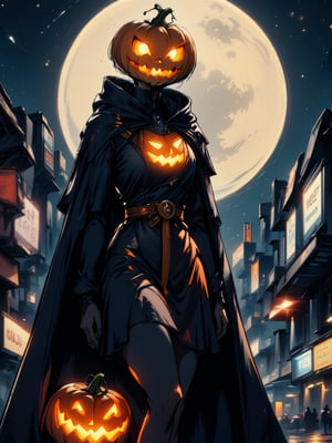 Solo, pumpkin head, (black cloak), (pumpkin dress), night, full moon, futuristic city,