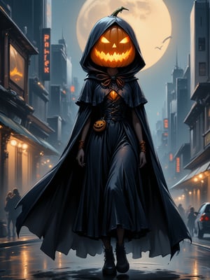 Solo, pumpkin head, (black cloak), (pumpkin dress), night, full moon, futuristic city,