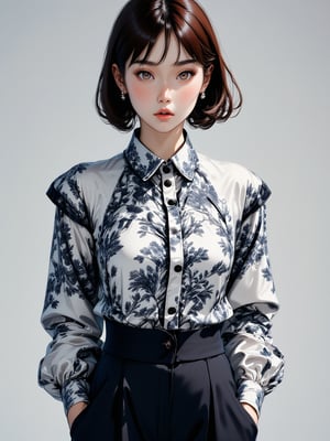 (One woman), solo, short bob, 28 years old, Japanese, brown eyes, brown hair, slim figure, flat chest, rosy cheeks, flushed face,
//Fashions 
Toile Print Blouse with Modern Tailoring
This look reimagines the classic (Toile pattern:1.2) in a modern, sophisticated style, The blouse features a sharp, tailored fit with a high collar and long sleeves, creating a sleek silhouette, The Toile print is rendered in bold black and white, adding contrast and drama to the piece, 
BREAK 
The blouse has button details down the front and at the cuffs, adding a refined touch, It is paired with high-waisted, wide-leg trousers in a solid color, such as deep navy or charcoal grey, to keep the focus on the intricate Toile design, This outfit is ideal for an elevated casual look, suitable for both work and evening outings, combining classic elegance with contemporary style,
BREAK