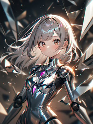 (1 woman), mechanical mirror-polished silver body has metallic luster and shining,extremely mechanical joints, glossy dark-brown eyes,shoulder-length straight silver hair with diagonal bangs, blunt bangs,KALEIDOSHATTER