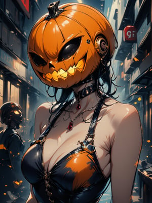 (1 woman), alone, 28yo, Japanese, slim figure, flat chest, Girl with (a jack-o'-lantern head), Girl with jack-o'-lantern head and pumpkin helmet