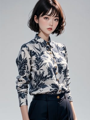 (One woman), solo, short bob, 28 years old, Japanese, brown eyes, brown hair, slim figure, flat chest, rosy cheeks, flushed face,
//Fashions 
Toile Print Blouse with Modern Tailoring
This look reimagines the classic (Toile pattern:1.2) in a modern, sophisticated style, The blouse features a sharp, tailored fit with a high collar and long sleeves, creating a sleek silhouette, The Toile print is rendered in bold black and white, adding contrast and drama to the piece, 
BREAK 
The blouse has button details down the front and at the cuffs, adding a refined touch, It is paired with high-waisted, wide-leg trousers in a solid color, such as deep navy or charcoal grey, to keep the focus on the intricate Toile design, This outfit is ideal for an elevated casual look, suitable for both work and evening outings, combining classic elegance with contemporary style,
BREAK