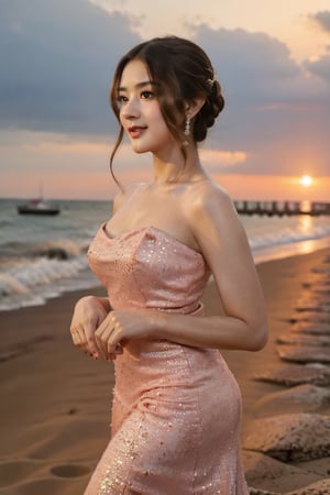 (best quality,  masterpiece:1.2), ultra detailed, solo, elegant, random elegant gown, sunset at beach, blurry_light_background,  nippes show, random pose, yuzuha_0112,yuzuha_0112,gheayoubi,perfect hand,perfect fingers,