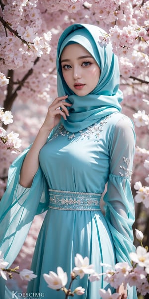 (masterpiece, top quality, best quality, official art, beautiful and aesthetic:1.2), hdr, high contrast, wideshot, 1girl, hijab,gamis crinkle arirflow, looking at viewer, relaxing expression, clearly blue eyes, longfade eyebrow, soft make up, ombre lips, medium breast, hourglass body, finger detailed, BREAK wearing gamis crinkle airflow,hijab  holding flower, (smeling flower), (spring season theme:1.5), windy, spring forest background detailed, by KZY, BREAK frosty, ambient lighting, extreme detailed, cinematic shot, realistic ilustration, (soothing tones:1.3), (hyperdetailed:1.2)