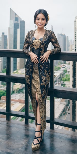 1girl, goddess princess, blue eyes ,smiling,wearing kebaya. Luxurious, black and gold bordir dress . Standing on a platform high above the bustling cityscape, she creates a random pose.  a world where technology and nature coexist in harmony,perfect ,kebay4