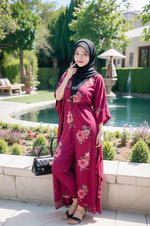 1girls,beautiful,bright smile,hijab,kaftan moslem dress,fully_clothed,fully_dressed,full-body_portrait,looking-at-viewer,at a garden.perfect finger,wide view angle