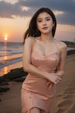 (best quality,  masterpiece:1.2), ultra detailed, solo, elegant, evening gown, sunset at beach, blurry_light_background,  nippes show, random pose, yuzuha_0112,yuzuha_0112,gheayoubi,perfect hand,perfect fingers,