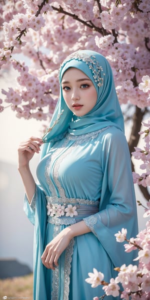 (masterpiece, top quality, best quality, official art, beautiful and aesthetic:1.2), hdr, high contrast, wideshot, 1girl, hijab,gamis crinkle arirflow, looking at viewer, relaxing expression, clearly blue eyes, longfade eyebrow, soft make up, ombre lips, large breast, hourglass body, finger detailed, BREAK wearing gamis crinkle airflow,hijab  holding flower, (smeling flower), (spring season theme:1.5), windy, spring forest background detailed, by KZY, BREAK frosty, ambient lighting, extreme detailed, cinematic shot, realistic ilustration, (soothing tones:1.3), (hyperdetailed:1.2)