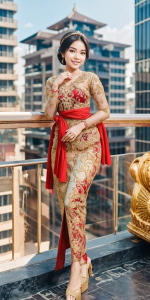 1girl, goddess princess, blue eyes ,smiling,wearing kebaya. Luxurious, red and gold bordir dress . Standing on a platform high above the bustling cityscape, she creates a random pose.  a world where technology and nature coexist in harmony,perfect hands,perdect fingers,perfect legs ,kebay4