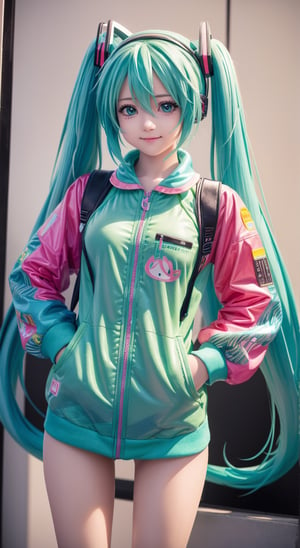 high quality, cute stickers, style cartoon, green border, cute Hatsune Miku, colorful, Detailed illustration of a woman with her hands in her pockets in a Hatsune Miku style outfit,, awesome full color, ,Realism,1 girl,more detail
,VDS,MIKU OUTFIT