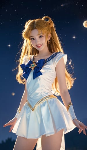 (1girl, standing on the Milky Way, looking at viewer, dressed in sailormoon cosplay, open mouth,smile,comet), masterpiece, HDR, depth of field, wide view, raytraced, full length body, unreal, mystical, luminous, surreal, high resolution, sharp details, translucent, beautiful, stunning, a mythical being exuding energy, textures, breathtaking beauty, pure perfection, with a divine presence, unforgettable, and impressive.,tsukino usagi