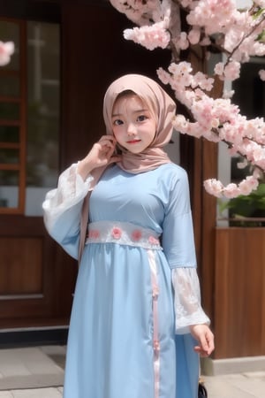 masterpiece,High resolution,Pretty korean girl, big eyes,（Pale pink twintails1.2）,wearing hijab, Kaftan dress moslem,Thin eyebrows,light blue eyes,Touched smile,Facial flushing,Cherry blossom trees,hijab indonesia