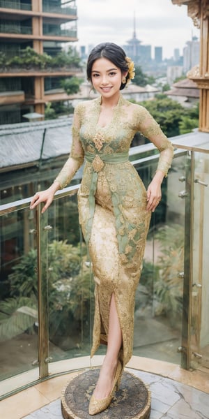 1girl, goddess princess, blue eyes ,smiling,wearing kebaya. Luxurious, green and gold bordir dress . Standing on a platform high above the bustling cityscape, she creates a random pose.  a world where technology and nature coexist in harmony,perfect hands,perdect fingers,perfect legs ,kebay4