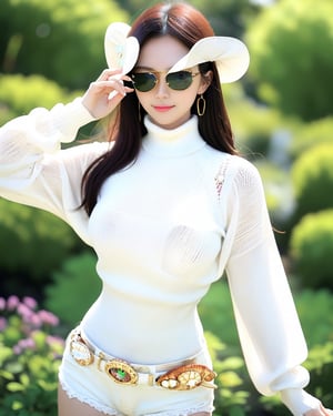 (St. Patrics Day theme:1.6), (garden theme:1.5), 
DUBRIN, street,   
BREAK,
A sheer salon style long stunning windblown hair, masterpiece, best quality, ultra high res, 1girl, solo, wearing sunglass, wearing a white sweater dress,turtleneck, white shorts,a pretty and beautiful TAIWAN hot model, 20yo, looking at viewer:1.3, (bright smile:0.6),(in heat:1.2 ),(fantasy:1.3), wearing a (sunglass,white sweater dress,turtleneck,white shorts:1.5), break, realistic, busty, (narrow waist:1.3), sexy gaze, blush, 1girl, (cowboy shot:1.6),1 girl, ((centered image)),myk__gram, sharp focus, depth of filed,standing with arms behind back:1.1, perfect finger,perfect