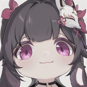 masterpiece, best quality, light smile, close-up, white background,sparklehsr,chibi,twintails, black hair, bangs, pink eyes, fox mask