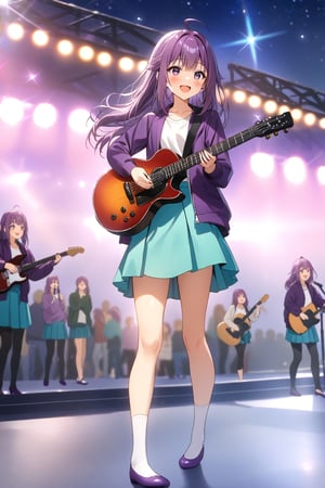 masterpiece, best quality,(1girl), solo,(depth of field),(solo focus),8K,HDR,(ultra high res),(highres),(full body),(lens flare),smiles,blush,(KJOANKO),(ahoge),(bangs),(purple hair),(long hair),(purple eyes),(purple jacket),(open jacket),(white shirt),(collarbone),(aqua skirt),(white socks),(purple footwear),(flats),(outdoors),(holding guitar),(electric guitar),music, singing,(stage),(stage lights),(star (sky)),sparkle,(scaffolding),(standing),audience,glowstick,(outstretched arm),(feet out of frame),(leg up)