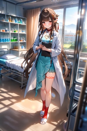 masterpiece, best quality,(1girl), solo,(depth of field),(solo focus),8K,HDR,(ultra high res),(highres),(full body),(lens flare),smiles,blush,(closed mouth), (lingsha),(blunt bangs),(brown hair),(very long hair),(red eyes),(pointy ears ),sidelocks,(hair ornament),(jewelry),(halterneck),(white coat),(lab coat),(blue shirt),(collar shirt),(aqua skirt),(red socks),(white footwear),(slippers),(leg tattoo),scenery,(indoors),(doctor),(bed sheet),cabinet,(blanket),curtains,(standing),(hospital bed),infirmary,lights, stool, day,laboratory,(holding clipboard),(stethoscope),