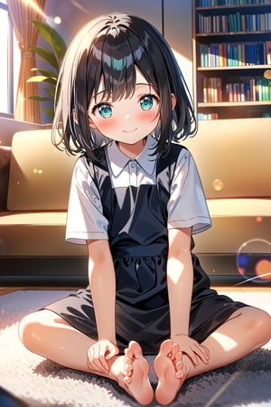 masterpiece, best quality,(1girl), solo,(depth of field),(solo focus),8K,HDR,(ultra high res),(highres),(full body),(lens flare),smiles,blush,(closed mouth),(black hair), (medium hair),(aqua eyes),(floating hair), sidelocks,(malaysian secondary school uniform),(schoollogo),(school's logo on right side (pinafore dress)),(black skirt),(black pinafore),(collared shirt),(white shirt),(short sleeves),(barefoot),(toenail),(feetsandwich),(no shoes),(sitting),(loli),(child),(indoors),(living room),shelf,curtain,carpet,windows,couch,