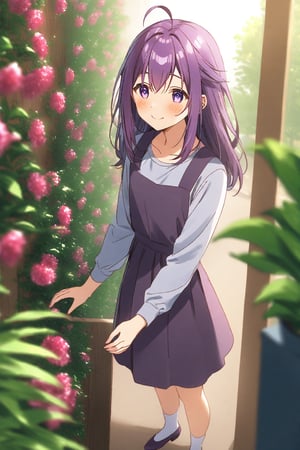 masterpiece, best quality,(1girl), solo,(depth of field),(solo focus),8K,HDR,(ultra high res),(highres),(full body),(lens flare),smiles,blush,(closed mouth),(KJOANKO),(ahoge),(bangs),(purple hair),(long hair),(purple eyes),(blue jacket),(open jacket),(white shirt),(collarbone),(purple skirt),(white socks),(pink footwear),(flats),(standing),(indoors),curtains,(flower shop),(holding bouquet),florist,(loaded interior),(potted plant),(flower),vase,wreath,