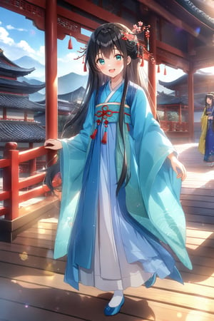 source_anime,masterpiece, best quality,(1girl), solo,(depth of field),(solo focus),8K,HDR,(ultra high res),(highres),(full body),(perfect lighting),(lens flare),smiles,blush,(black hair),(long hair),(aqua eyes),(hair ornament),(hanfu),(ruanyi0758),(shawl),(jewelry),(chinese clothes),(blue dress),(long sleeves),(wide sleeves),(white socks),(ancient chinese socks),(blue footwear),(embroidered flats),,scenery,outdoors,(east asian architecture),temple,(wooden floor),landscape,bell,stairs,railing,statue,