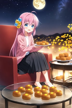 masterpiece, best quality,(1girl), solo,(depth of field),(solo focus),8K,HDR,(ultra high res),(highres),(full body),(full body),(lens flare),smiles,blush,(nice hands), (hitori gotou),bangs,(pink hair), (long hair), (very long hair),(blue eyes),ahoge,(hair between eyes),((hair ornament), ((cube hair ornament), (blue cube), (yellow cube)),(pink jacket)),(open jacket),(white shirt),(pleated skirt),(black skirt),(long sleeves),(barefoot),(toenail polish),(pink nails),(mid-autumn festival),(sky lantern),(sitting),(on chair),(armchair),(balcony),(((brown mooncake),food)on plate),(holding mooncake),(maple leaf),(teacup),(teapot),(sanbou),(tsukimi dango),((glass table),(round table)),(gold osmanthus),(yellow flower),(night sky),(star \(sky\)),(full moon),(culture),china,(tile floor),