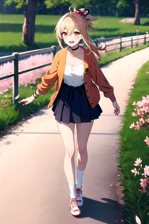 masterpiece, best quality, (beautiful detailed eyes),1girl, solo,(depth of field),(solo focus),8K,(highres),(full body),smiles,blush,yoimiyarnd, (blonde hair), (medium hair), (asymmetrical hair), (floating hair), (hair between eyes), (high ponytail), sidelocks, (hair ornament), (orange eyes), open mouth, (red choker), (pendant choker), (butterfly choker), collarbone, (medium breasts), wristband, (orange nails),(red cardigan), (open cardigan),(long sleeves),(collarbone),(white shirt),(pink skirt),(casual dress),(white socks),(orange footwear),(flats),(open mouth),indoors,(cherry blossoms),(grass fields),(river)