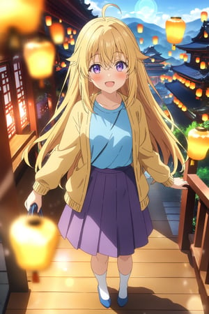 source_anime,masterpiece, best quality,(1girl), solo,(depth of field),(solo focus),8K,HDR,(ultra high res),(highres),(full body),(perfect lighting),(lens flare),smiles,blush,ctiank0shi,ahoge (blonde hair),bangs,(long hair),(purple eyes),(yellow cardigan),(open cardigan),(blue shirt),(long sleeves),(purple skirt),(white socks),(blue footwear),(flats),(holding hand bag),scenery, outdoors,(east asian architecture),(standing),(sky lantern),temple,(wooden floor),landscape,bell,stairs, railing,statue,