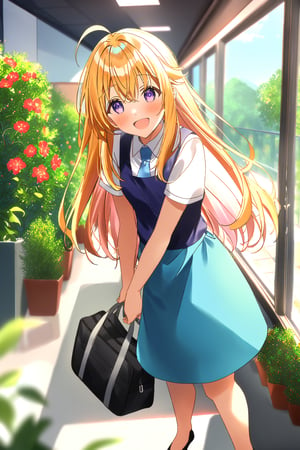 score_9, score_8_up, score_7_up, source_anime,masterpiece, best quality,(1girl), solo,(depth of field),(solo focus),8K,HDR,(ultra high res),(highres),(full body),(lens flare),smiles,blush,ctiank0shi,ahoge (blonde hair),bangs,(long hair),(purple eyes),(malaysian secondary school uniform),(schoollogo),(school's logo on right side (pinafore dress)),(aqua blue skirt),(blue pinafore),(collared shirt),(white shirt),(short sleeves),(black socks),(black footwear),(ballet flats),(holding school bag),(indoors),(shopping mall),bench, flower pot,bush, flag, tree pot, scenery, glass handrail, reflection, decorate ceiling, ceiling lighting,stainless