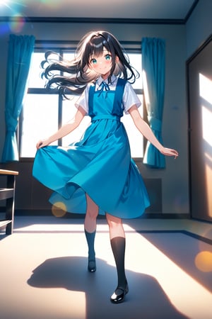 masterpiece, best quality,(1girls), solo,(depth of field),(solo focus),8K,HDR,(ultra high res),(highres),(full body),(perfect lighting),(lens flare),smiles,blush,(nice hands), (perfect hands),(black hair), (long hair),(aqua eyes),(floating hair), sidelocks,(malaysian secondary school uniform),(schoollogo),(school's logo on right side (pinafore dress)),(aqua blue skirt),(blue pinafore),(collared shirt),(white shirt),(short sleeves),(black footwear),(ballet flats),(black socks),(indoors),(standing on carpet),(room),(tiles floor),window,curtains,