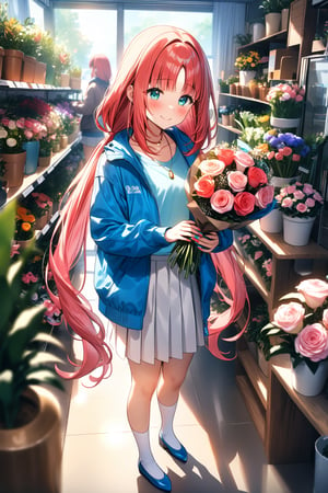 masterpiece, best quality,(1girl), solo,(depth of field),(solo focus),8K,HDR,(ultra high res),(highres),(full body),(lens flare),smiles,blush,(closed mouth),(nilou),(red hair),(nail polish), (aqua eyes), (very long hair), (low twintails),(collarbone),(necklace),(blue jacket),(open jacket),(pink shirt),(white skirt),(white socks),(blue footwear),(flats),(standing),(indoors),curtains,(flower shop),(shop),(holding bouquet),florist,(loaded interior),(potted plant),(flower),vase,wreath,