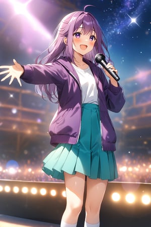 masterpiece, best quality,(1girl), solo,(depth of field),(solo focus),8K,HDR,(ultra high res),(highres),(full body),(lens flare),smiles,blush,(KJOANKO),(ahoge),(bangs),(purple hair),(long hair),(purple eyes),(purple jacket),(open jacket),(white shirt),(collarbone),(aqua skirt),(white socks),(purple footwear),(flats),(outdoors),(holding microphone),music, singing,(stage lights),(star (sky)),sparkle,(scaffolding),(standing),audience,glowstick,(outstretched arm),