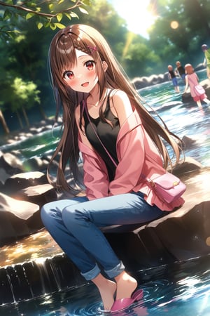 score_9, score_8_up, score_7_up,source_anime, masterpiece, best quality,(1girls), solo,(depth of field),(solo focus),8K,HDR,(ultra high res),(highres),(full body),(perfect lighting),(lens flare),smiles,blush,(nice hands), (perfect hands),(open mouth),(aoba kokona),(brown hair),(red eyes),(very long hair),(braided bangs),(parted bangs),(hairclip),(x hair ornament),collarbone,(pink dress),(black shirt),(sleeves past wrists),(sleeveless dress),(frilled dress),(long sleeves),(capri pants),(blue pants ),barefoot,toenail,(pink footwear),(sneakers),(shoes removed),(black socks removed),(sitting),outdoors,(looking at viewer),denim,(pants rolled up),(soaking feet),(dappled sunlight),handbag,rock,day, leaf, (shoulder bag),(hand between legs), wading, water,stream, (dutch angle),river,sunbeam,tree,branch