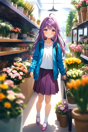 masterpiece, best quality,(1girl), solo,(depth of field),(solo focus),8K,HDR,(ultra high res),(highres),(full body),(lens flare),smiles,blush,(closed mouth),(KJOANKO),(ahoge),(bangs),(purple hair),(long hair),(purple eyes),(blue jacket),(open jacket),(white shirt),(collarbone),(purple skirt),(white socks),(pink footwear),(flats),(standing),(indoors),curtains,(flower shop),(shop),(holding bouquet),florist,(loaded interior),(potted plant),(flower),vase,wreath,