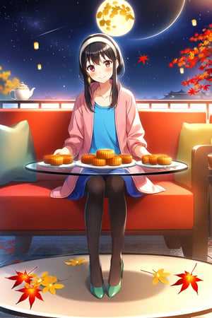 masterpiece, best quality,(1girl), solo,(depth of field),(solo focus),8K,HDR,(ultra high res),(highres),(full body),(full body),(lens flare),smiles,blush,(nice hands),(bbyorf),(black hair),(short hair with long locks),(long hair),(red eyes),sidelocks,breasts,(gold earrings),(jewelry),(white hairband),(pink jacket),(open jacket),(blue shirt),(collarbone),(blue skirt),(black legwear),(green footwear),(high heels),(mid-autumn festival),(sky lantern),(sitting),(on chair),(armchair),(balcony),(((brown mooncake),food)on plate),(holding lantern),(maple leaf),(teacup),(teapot),(sanbou),(tsukimi dango),((glass table),(round table)),(gold osmanthus),(yellow flower),(night sky),(star \(sky\)),(full moon),(culture),china,(tile floor),