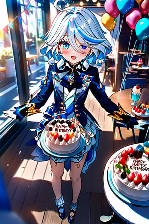 masterpiece, best quality,(1girl), solo,(depth of field),(solo focus),8K,HDR,(ultra high res),(highres),(full body),(lens flare),smiles,blush,(furina \(genshin impact\)), ((light blue hair), (white hair),(multicolored hair), (streaked hair)),(blue eyes),(short hair),(ahoge),(hair between eyes),(hair over one eye),cowlick,(aqua cardigan),(open cardigan),(white shirt),(blue skirt),(white socks),(blue footwear),(ballet flats),(indoors),(cafe),(birthday),(birthday party),(heart balloon),((birthday cake) on table),(string of flags),((gift box),(holding gift)),(happy birthday),((food) on table,fruit,(drink)),(ice cream cup),standing,