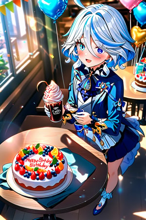 masterpiece, best quality,(1girl), solo,(depth of field),(solo focus),8K,HDR,(ultra high res),(highres),(full body),(lens flare),smiles,blush,(furina \(genshin impact\)), ((light blue hair), (white hair),(multicolored hair), (streaked hair)),(blue eyes),(short hair),(ahoge),(hair between eyes),cowlick,(aqua cardigan),(open cardigan),(white shirt),(blue skirt),(white socks),(blue footwear),(ballet flats),(indoors),(cafe),(birthday),(birthday party),(heart balloon),((birthday cake) on table),(string of flags),((gift box),(holding gift)),(happy birthday),((food) on table,fruit,(drink)),(ice cream cup),standing,