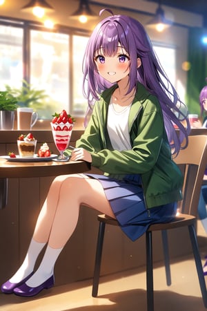 masterpiece, best quality,(1girl), solo,(depth of field),(solo focus),8K,HDR,(ultra high res),(highres),(full body),(perfect lighting),(lens flare),smiles,blush,(KJOANKO),(ahoge),(bangs),(purple hair),(long hair),(purple eyes),(green jacket),(open jacket),(white shirt),(collarbone),(blue skirt),(white socks),(purple footwear),(flats),(cafe),indoors,(table),(food on table),(holding spoon),(strawberry parfait),(drink),(modern cafe),(led lights),curtains,(sitting on chair)