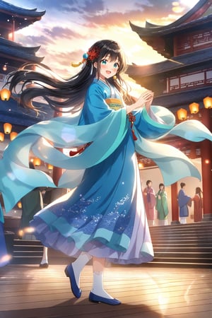 source_anime,masterpiece, best quality,(1girl), solo,(depth of field),(solo focus),8K,HDR,(ultra high res),(highres),(full body),(perfect lighting),(lens flare),smiles,blush,(black hair),(long hair),(aqua eyes),(hair ornament),(hanfu),(ruanyi0758),(shawl),(jewelry),(chinese clothes),(blue dress),(long sleeves),(wide sleeves),(white socks),(ancient chinese socks),(blue footwear),(embroidered flats),scenery,outdoors,(east asian architecture),(dancing),(sky lantern),temple,(wooden floor),landscape,bell,stairs,railing,statue,