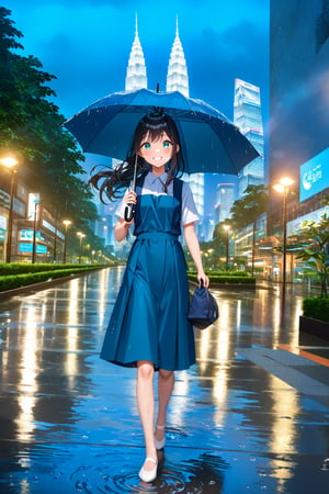 masterpiece, best quality,(1girl), solo,(depth of field),(solo focus),8K,HDR,(ultra high res),(highres),(full body),(perfect lighting),(lens flare),smiles,blush,(black hair), (long hair),(aqua eyes),(floating hair), sidelocks,(malaysian secondary school uniform),(schoollogo),(school's logo on right side (pinafore dress)),(aqua blue skirt),(blue pinafore),(collared shirt),(white shirt),(short sleeves),(no socks),(white footwear),(ballet flats),(walking),(outdoors),(flood),(water),(rainstorm),(rain),(water drop),(cityspace),(holding umbrella),(wet),(lamppost),urban,(wet floor),(petronas twins tower),(Kuala Lumper Tower),Malaysia,