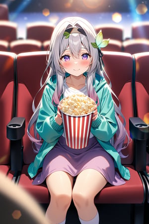 masterpiece, best quality,(1girl), solo,(depth of field),(solo focus),8K,HDR,(ultra high res),(highres),(full body),(lens flare),smiles,blush,(closed mouth),Firefly,(parted bangs),(purple eyes),(grey hair),(gradient hair),(hair intakes),(long hair),(black hairband),(leaf hair ornament),(black ribbon),(hair between eyes),(aqua jacket),(white shirt),(purple skirt),(white socks),(pink footwear),(flats),(sitting),indoors,cinema,(holding food),(popcorn),(disposable cup),(movie theater),(out of frame),(theater seating),