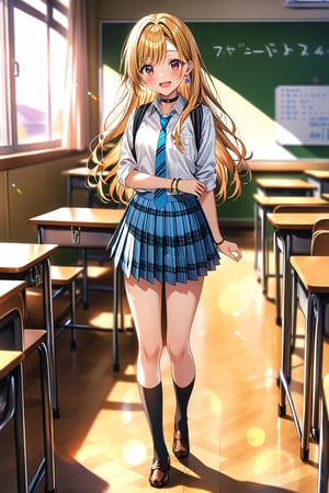 score_9, score_8_up, score_7_up, source_anime, masterpiece, best quality,(1girl), solo,(depth of field),(solo focus),8K,HDR,(ultra high res),(highres),(full body),(lens flare),smiles,blush,(marin kitagawa),(blonde hair),(bangs),(red eyes),(long hair),(multicolored hair),earrings,(jewelry),(school uniform),(white shirt),(collared shirt),(sleeves rolled up),(blue skirt),(necktie),(black choker), bracelet,(plaid skirt),(pleated skirt),(black socks),(brown footwear),(loafers),kogal,indoors,classroom,standing