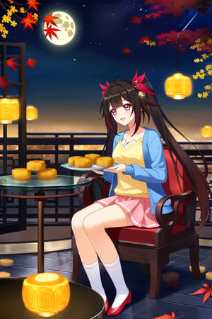 (sparkle \(honkai: star rail\)),(wispy bangs),(dark brown hair),(pink eyes),(very long hair),(twintails),(hair between eyes),(hair ornament),(blue cardigan),(open cardigan),(yellow shirt),(long sleeves),(pink skirt),(white socks),(red footwear),(flats),(mid-autumn festival),(sky lantern),(sitting),(on chair),(armchair),(balcony),(((brown mooncake),food)on plate),(holding mooncake),(maple leaf),(teacup),(teapot),(sanbou),(tsukimi dango),((glass table),(round table)),(gold osmanthus),(yellow flower),(night sky),(star \(sky\)),(full moon),(culture),china,(tile floor)