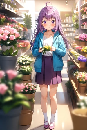 masterpiece, best quality,(1girl), solo,(depth of field),(solo focus),8K,HDR,(ultra high res),(highres),(full body),(lens flare),smiles,blush,(closed mouth),(KJOANKO),(ahoge),(bangs),(purple hair),(long hair),(purple eyes),(blue jacket),(open jacket),(white shirt),(collarbone),(purple skirt),(white socks),(pink footwear),(flats),(standing),(indoors),curtains,(flower shop),(shop),(holding bouquet),florist,(loaded interior),(potted plant),(flower),vase,wreath,