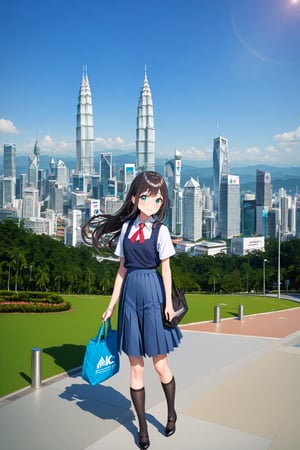 masterpiece, best quality,(1girl), solo,(depth of field),(solo focus),8K,HDR,(ultra high res),(highres),(full body),(lens flare),smiles,blush,(closed mouth),(black hair), (long hair),(aqua eyes),(floating hair), sidelocks,(malaysian secondary school uniform),(schoollogo),(school's logo on right side (pinafore dress)),(aqua blue skirt),(blue pinafore),(collared shirt),(white shirt),(short sleeves),(black socks),(black footwear),(ballet flats),(standing),(outdoors),(cityspace),(holding bag),(lamppost),urban,(petronas twins tower),KLCC,(Kuala Lumpur countryside),(Kuala Lumper Tower),Malaysia,(blue sky),