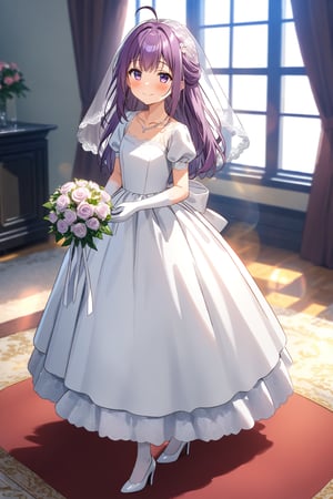 masterpiece, best quality,(1girl), solo,(depth of field),(solo focus),8K,HDR,(ultra high res),(highres),(full body),(lens flare),smiles,blush,(closed mouth), (KJOANKO),(ahoge),(bangs),(purple hair),(long hair),(purple eyes),(collarbone),(hair ornament),(wedding dress), (white dress),(puffy short sleeves),(frilled dress),(white shirt),(skirt), ((white gloves),(lace-trimmed gloves)),(elbow gloves), necklace,jewelry,(white legwear),(white footwear),(high heels), indoors,standing,room, window, curtains, carpet,veil,(holding bouquet),