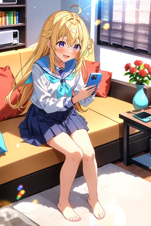 score_9, score_8_up, score_7_up, source_anime, masterpiece, best quality,(1girl), solo,(depth of field),(solo focus),8K,HDR,(ultra high res),(highres),(full body),(lens flare),smiles,blush,ctiank0shi,ahoge (blonde hair),bangs,(long hair),(purple eyes),(long sleeves),(serafuku), (blue sailor collar),(white shirt),(blue neckerchief),(dark blue skirt),(pleated skirt),(barefoot),(toenail polish),(no shoes),(indoors),(room),(sitting on couch),(pillow),curtain,window,(air conditioner),(bookshelf),table,vase,carpet,(holding phone),(smartphone),(looking at smartphone)