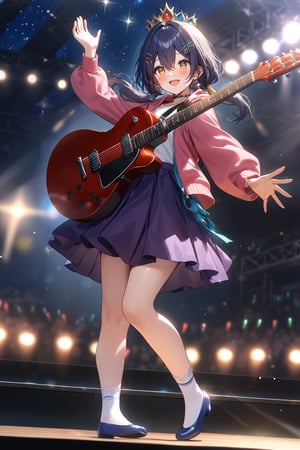 masterpiece, best quality,(1girl), solo,(depth of field),(solo focus),8K,HDR,(ultra high res),(highres),(full body),(lens flare),smiles,blush,(yunli),(dark blue hair),(short hair with long locks),(low twintails),(yellow eyes),(hair between eyes),(single earrings),(crown),(hairclip),(headpiece),(hair ornament),(low ponytail),(double ponytail),(pink jacket),(white shirt),(purple skirt),(white socks),(blue footwear),(flats),(pink headphones),(outdoors),(holding guitar),(electric guitar),music, singing,(stage),(stage lights),(star (sky)),sparkle,(scaffolding),(standing),audience,glowstick,(outstretched arm),(feet out of frame),(leg up)