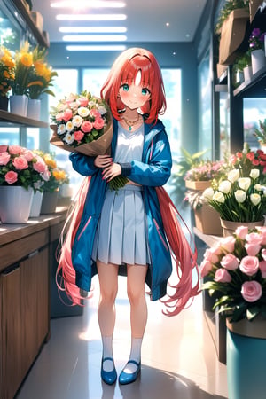 masterpiece, best quality,(1girl), solo,(depth of field),(solo focus),8K,HDR,(ultra high res),(highres),(full body),(lens flare),smiles,blush,(closed mouth),(nilou),(red hair),(nail polish), (aqua eyes), (very long hair), (low twintails),(collarbone),(necklace),(blue jacket),(open jacket),(pink shirt),(white skirt),(white socks),(blue footwear),(flats),(standing),(indoors),curtains,(flower shop),(shop),(holding bouquet),florist,(loaded interior),(potted plant),(flower),vase,wreath,