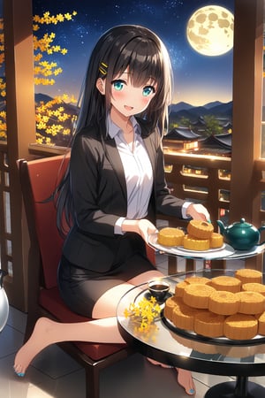 masterpiece, best quality,(1girl), solo,(depth of field),(solo focus),8K,HDR,(ultra high res),(highres),(full body),(full body),(lens flare),smiles,blush,(nice hands), (black hair),(long hair), bangs,(aqua eyes),(hairclip),(id card),(strap),(black jacket),(open jacket),(white shirt),(collared shirt),(black skirt),(pencil skirt),(barefoot),(toenail polish),(aqua nails),(unworn high heels),(mid-autumn festival),(sky lantern),(sitting),(on chair),(armchair),(balcony),(((brown mooncake),food)on plate),(holding mooncake),(maple leaf),(teacup),(teapot),(sanbou),(tsukimi dango),((glass table),(round table)),(gold osmanthus),(yellow flower),(night sky),(star \(sky\)),(full moon),(culture),china,(tile floor),